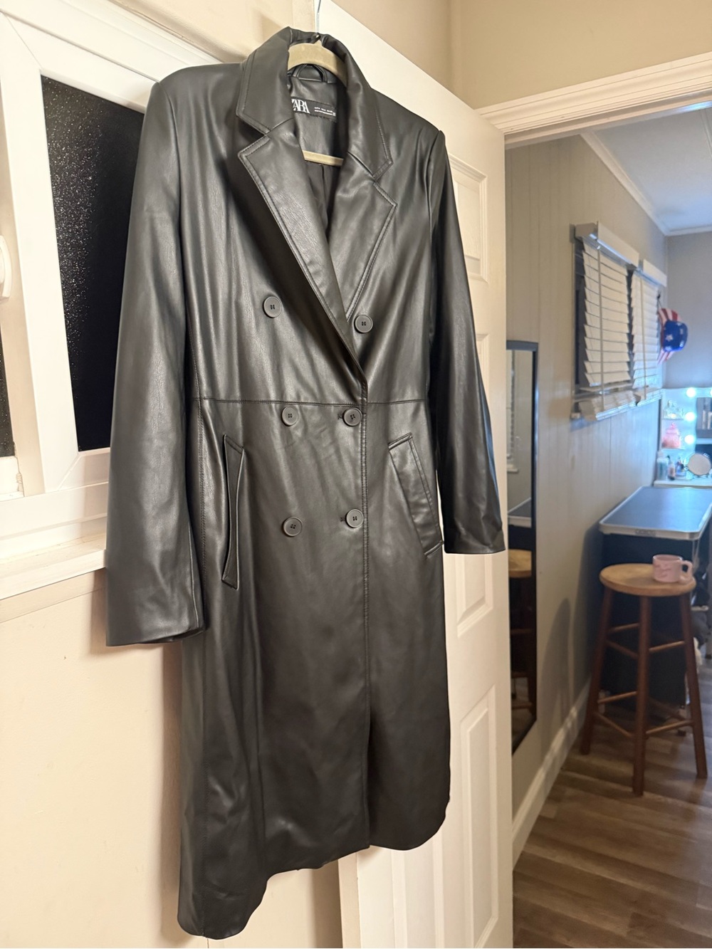Zara Women's Black Double-Breasted Faux Leather Coat medium